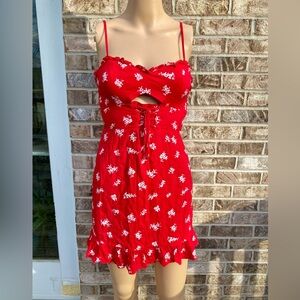 AU Morning Mist Red & White Floral Mini Ruffle Dress